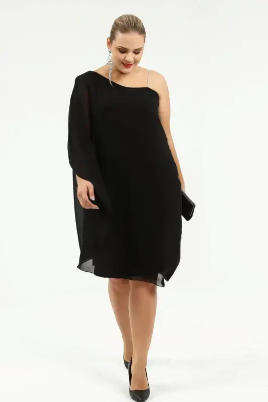 Angelino Plus Size Rhinestone Strap One-Shoulder Chiffon Dress Black KL6060Z - 3