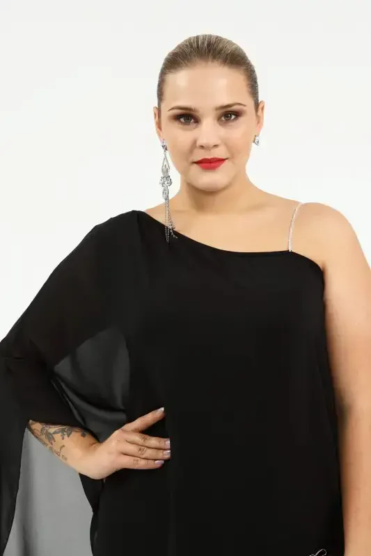 Angelino Plus Size Rhinestone Strap One-Shoulder Chiffon Dress Black KL6060Z - 4