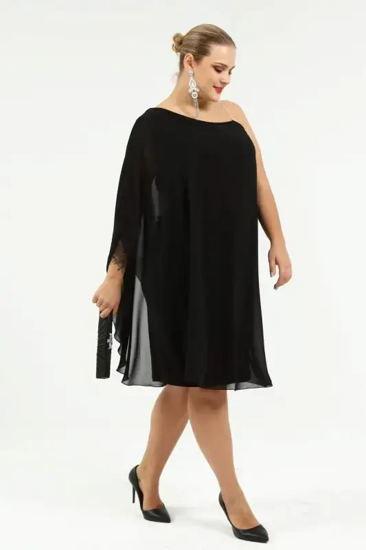 Angelino Plus Size Rhinestone Strap One-Shoulder Chiffon Dress Black KL6060Z - 6