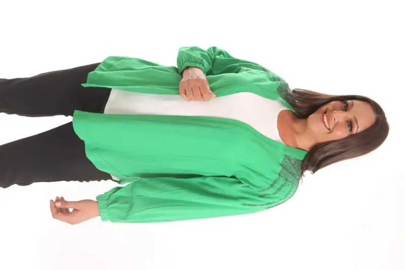 Angelino Plus Size Robe Stone Printed Oversize Green Jacket - 1