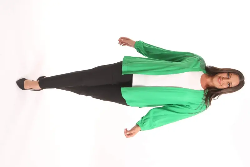 Angelino Plus Size Robe Stone Printed Oversize Green Jacket - 2