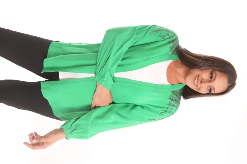 Angelino Plus Size Robe Stone Printed Oversize Green Jacket - 3
