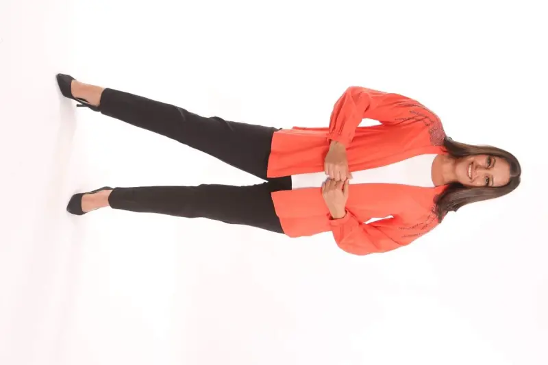 Angelino Plus Size Robe Stone Printed Oversize Orange Jacket - 4