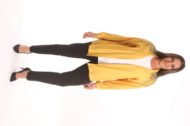 Angelino Plus Size Robe Stone Printed Oversized Yellow Jacket - 2