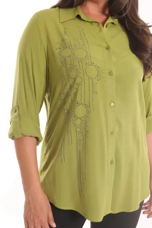 Angelino Plus Size Sage Green Stone Printed Woven Shirt - 5
