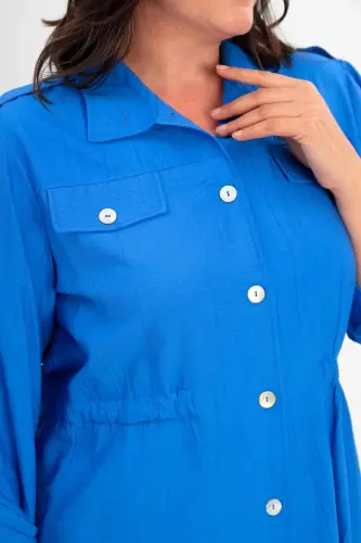 Angelino Plus Size Sax Trench Coat with Shoulder Epaulettes and Pocket Flaps - 4
