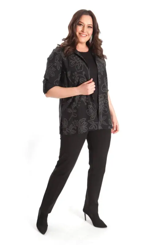 Angelino Plus Size Self-Patterned Black Two-Piece Set - 2
