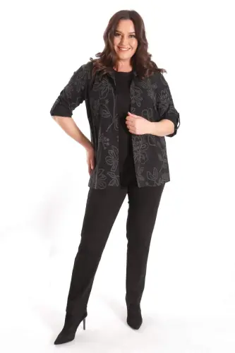 Angelino Plus Size Self-Patterned Black Two-Piece Set - 4