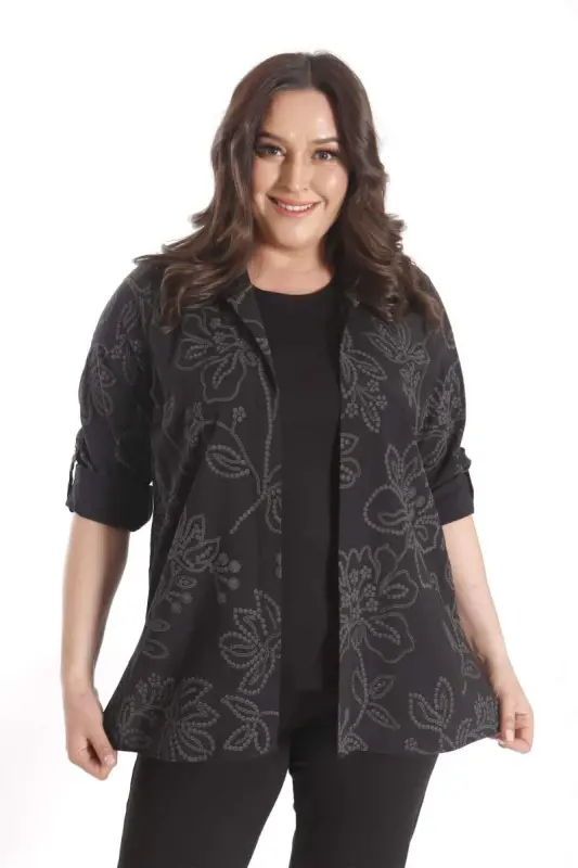 Angelino Plus Size Self-Patterned Black Two-Piece Set - 5