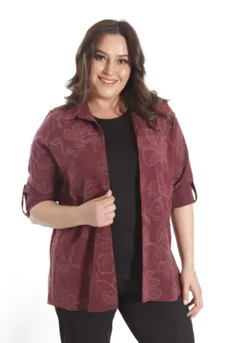 Angelino Plus Size Self-Patterned Burgundy Two-Piece Set - 1
