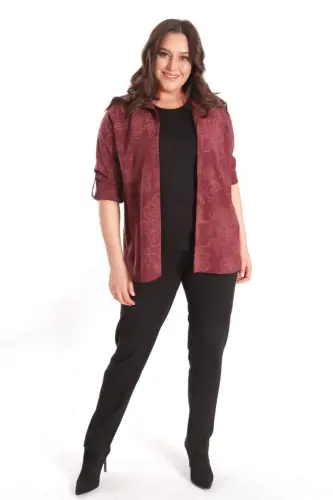 Angelino Plus Size Self-Patterned Burgundy Two-Piece Set - BÜYÜKBEDENIZ (1)