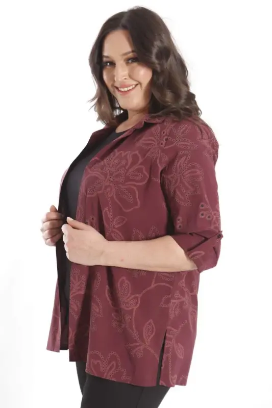 Angelino Plus Size Self-Patterned Burgundy Two-Piece Set - 3