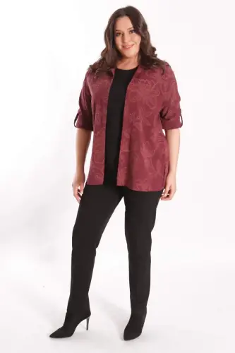 Angelino Plus Size Self-Patterned Burgundy Two-Piece Set - 4