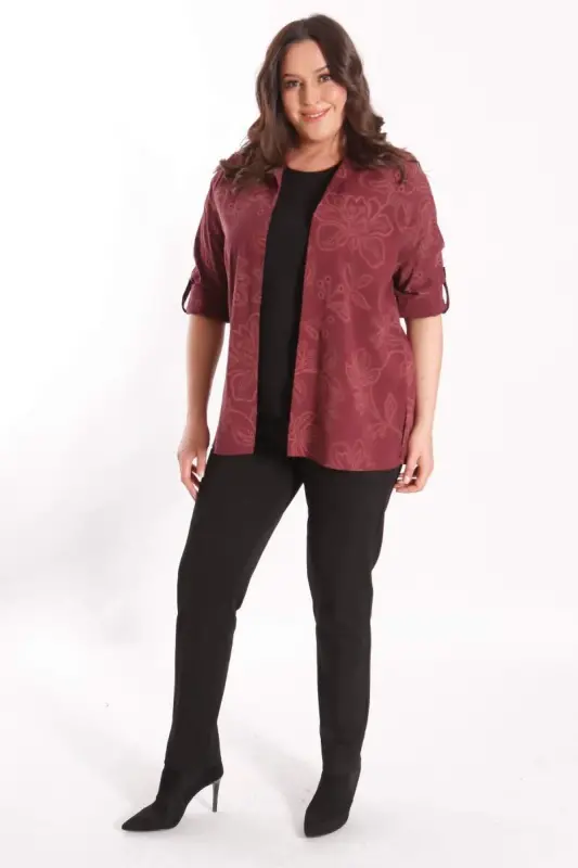 Angelino Plus Size Self-Patterned Burgundy Two-Piece Set - 4