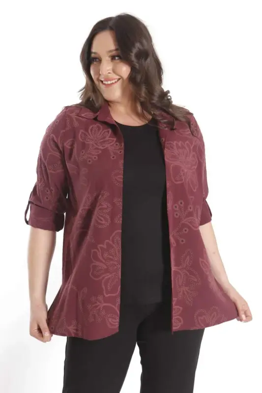 Angelino Plus Size Self-Patterned Burgundy Two-Piece Set - 5