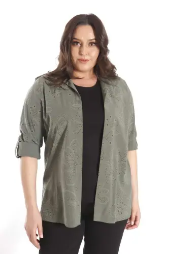 Angelino Plus Size Self-Patterned Khaki Two-Piece Set - 1
