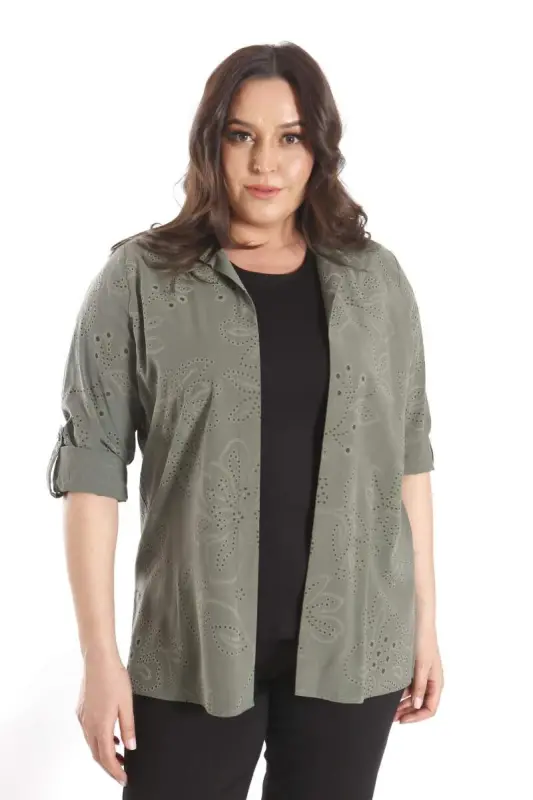 Angelino Plus Size Self-Patterned Khaki Two-Piece Set - 1