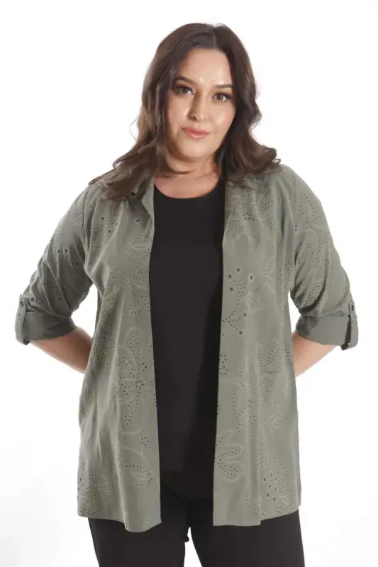 Angelino Plus Size Self-Patterned Khaki Two-Piece Set - 5