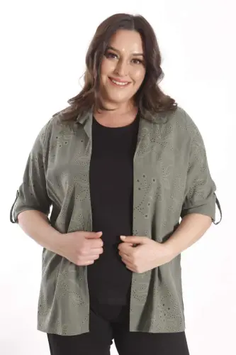 Angelino Plus Size Self-Patterned Khaki Two-Piece Set - 6