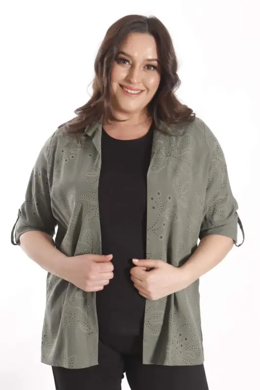 Angelino Plus Size Self-Patterned Khaki Two-Piece Set - 6