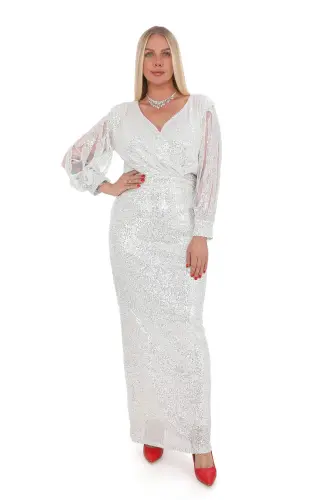Angelino Plus Size Sequin Embroidered Long Sleeve Fringe Tassel Evening Dress Silver KL8035 - 1