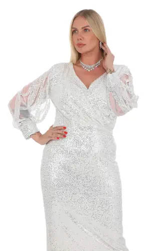 Angelino Plus Size Sequin Embroidered Long Sleeve Fringe Tassel Evening Dress Silver KL8035 - BÜYÜKBEDENIZ (1)
