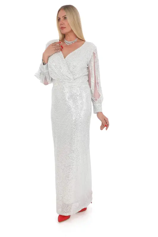 Angelino Plus Size Sequin Embroidered Long Sleeve Fringe Tassel Evening Dress Silver KL8035 - 3