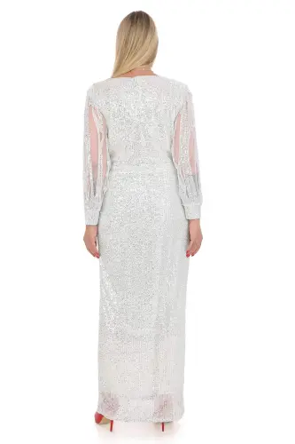 Angelino Plus Size Sequin Embroidered Long Sleeve Fringe Tassel Evening Dress Silver KL8035 - 4