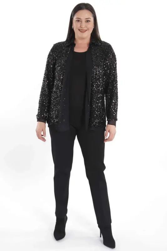 Angelino Plus Size Sequined Chiffon Trimmed Evening Black Jacket - 2