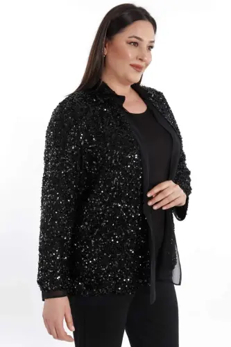 Angelino Plus Size Sequined Chiffon Trimmed Evening Black Jacket - 3