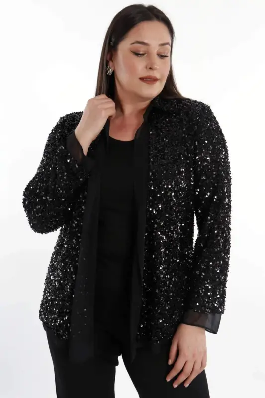 Angelino Plus Size Sequined Chiffon Trimmed Evening Black Jacket - 4