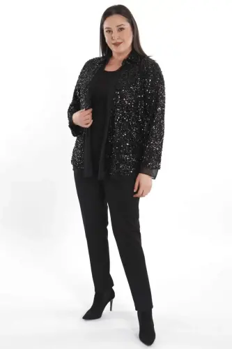 Angelino Plus Size Sequined Chiffon Trimmed Evening Black Jacket - 5