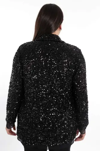 Angelino Plus Size Sequined Chiffon Trimmed Evening Black Jacket - 7