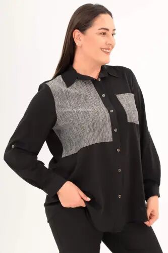 Angelino Plus Size Shimmer Striped Pockets Black Shirt - 3