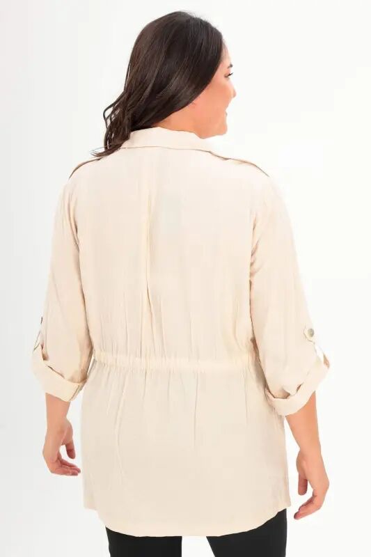 Angelino Plus Size Shoulder Epaulet Pocket Flapped Beige Trench Coat - 5