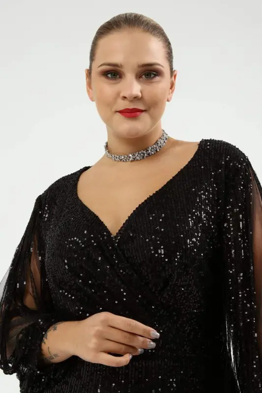 Angelino Plus Size Sleeveless Fringed Long Sequin Evening Dress Black KL8035 - 6