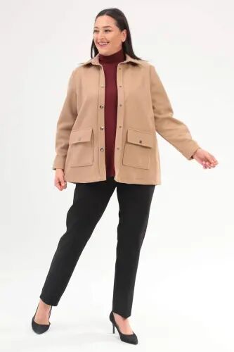 Angelino Plus Size Snap Button Pocket Detailed Cashmere Beige Jacket - Büyükbedeniz (1)