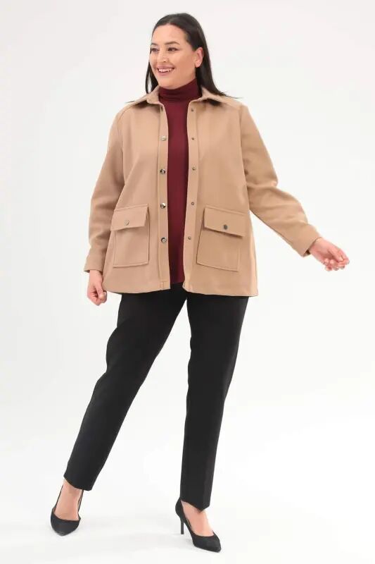 Angelino Plus Size Snap Button Pocket Detailed Cashmere Beige Jacket - 2