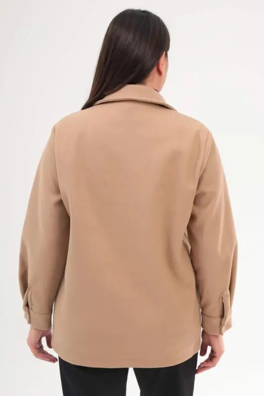 Angelino Plus Size Snap Button Pocket Detailed Cashmere Beige Jacket - 5