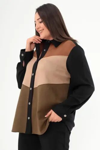 Angelino Plus Size Snap Buttoned Front Suede Patch Black Shirt - 3