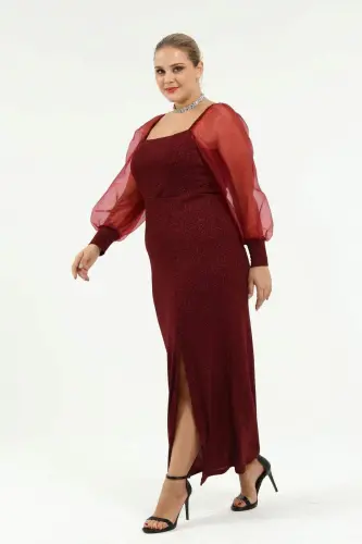Angelino Plus Size Square Neck Watermelon Sleeve Sequined Evening Dress Burgundy KL8030 - 1