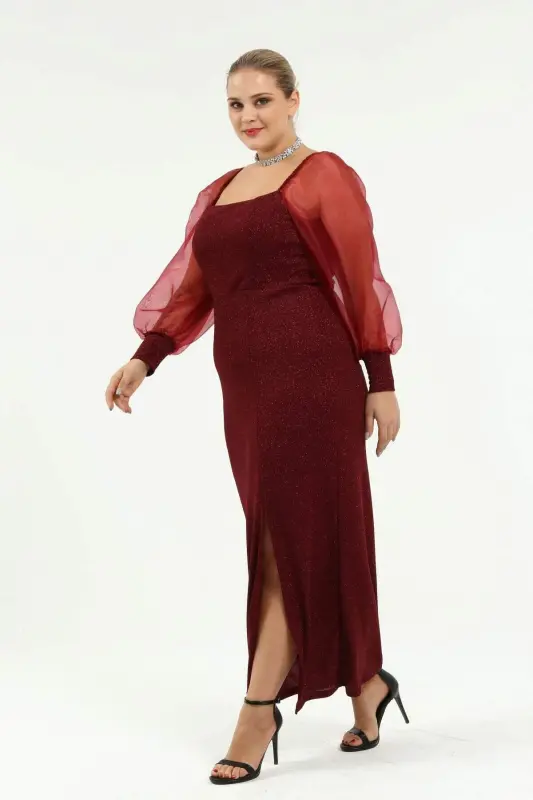 Angelino Plus Size Square Neck Watermelon Sleeve Sequined Evening Dress Burgundy KL8030 - BÜYÜKBEDENIZ