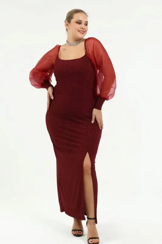 Angelino Plus Size Square Neck Watermelon Sleeve Sequined Evening Dress Burgundy KL8030 - 2