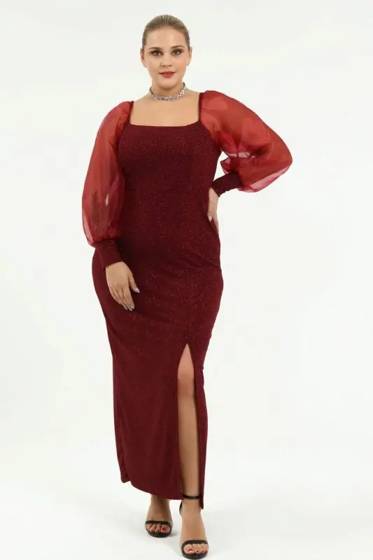 Angelino Plus Size Square Neck Watermelon Sleeve Sequined Evening Dress Burgundy KL8030 - 4