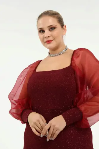 Angelino Plus Size Square Neck Watermelon Sleeve Sequined Evening Dress Burgundy KL8030 - 5