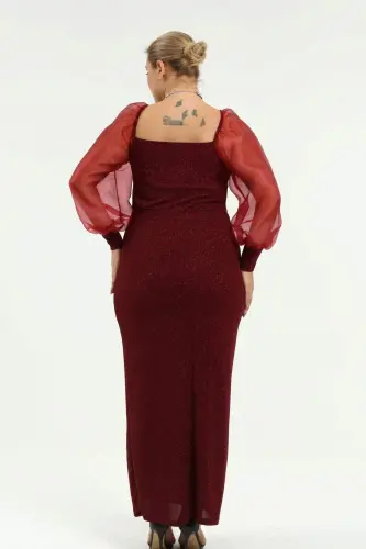 Angelino Plus Size Square Neck Watermelon Sleeve Sequined Evening Dress Burgundy KL8030 - 6