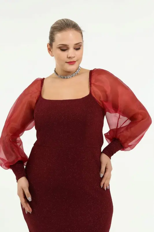 Angelino Plus Size Square Neck Watermelon Sleeve Sequined Evening Dress Burgundy KL8030 - 7