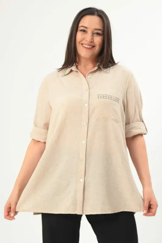 Angelino Plus Size Stone Printed Beige Shirt - 1