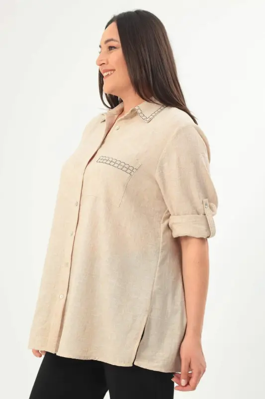 Angelino Plus Size Stone Printed Beige Shirt - 4