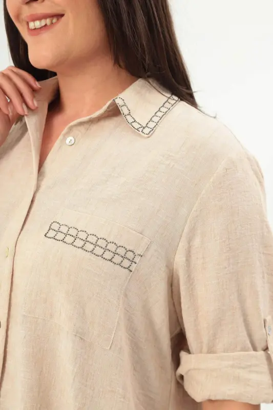 Angelino Plus Size Stone Printed Beige Shirt - 5